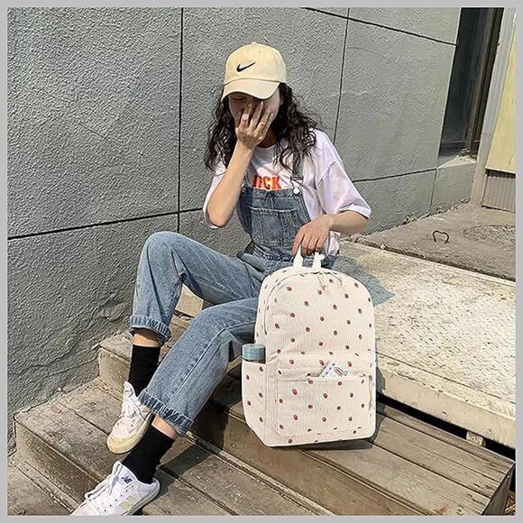 Large Corduroy Bookbag Lightweight 17 inch-Beige-strawberry 2pc - Picture 3 of 7